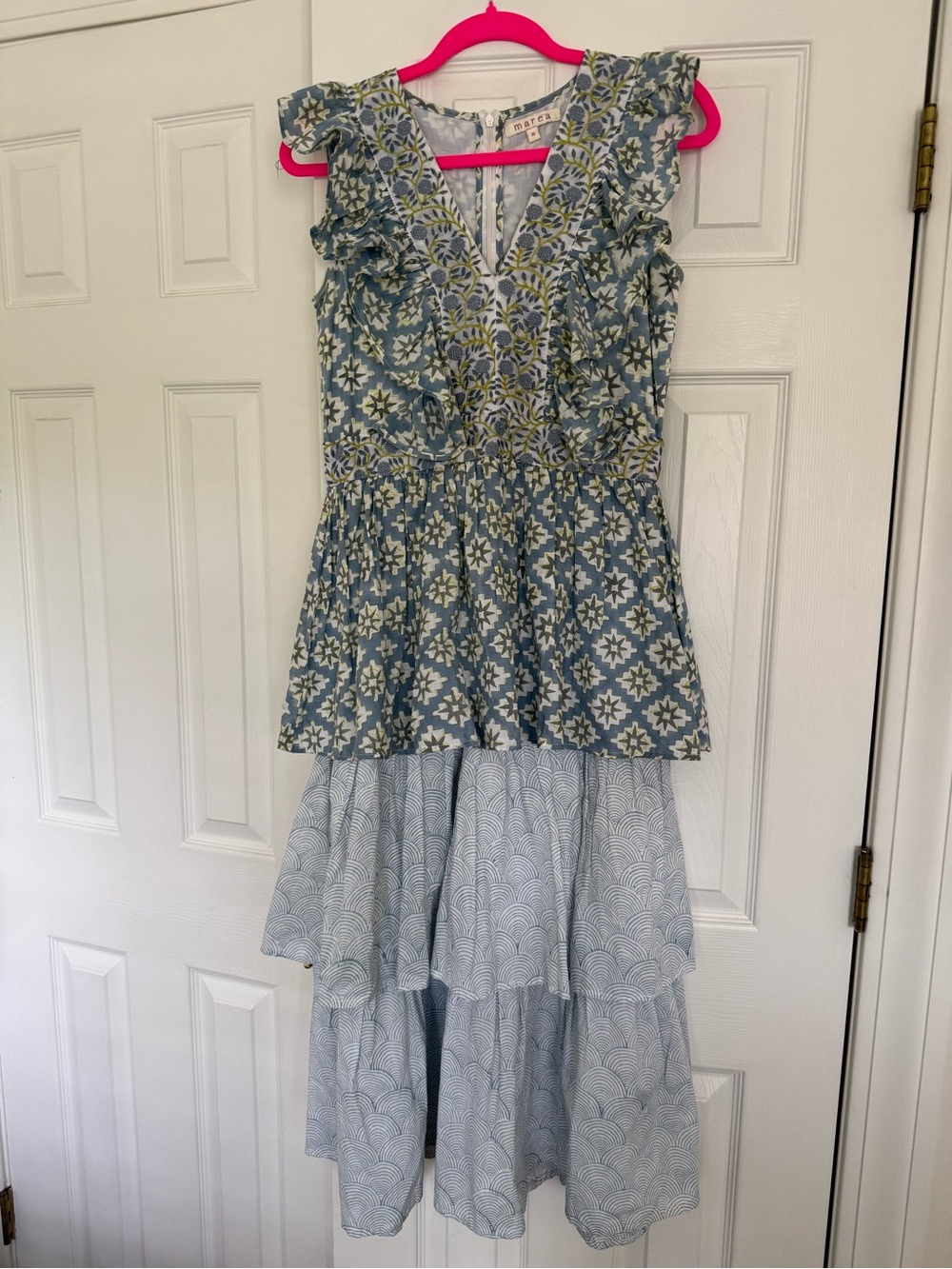 Marea Blue and Green Floral Ruffle Maxi Dress